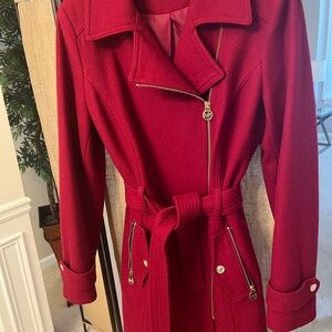Michael Kors Crimson Red Asymmetrical Trench Coat with Belted Waist